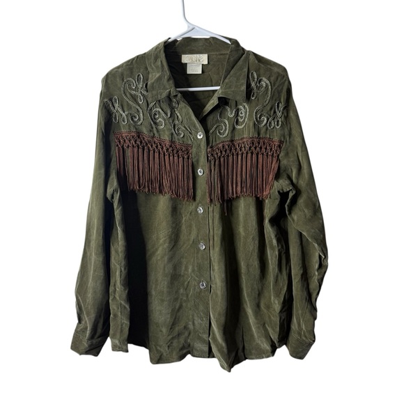 Cache Tops - Vintage Cache Green Faux Suede Fringe Western Equestrian Button Blouse